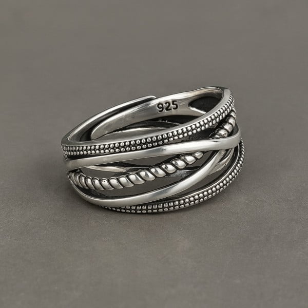 Bague Femme Argent 925 Ouverte Réglable – Design Torsadé et Perlé Élégant
