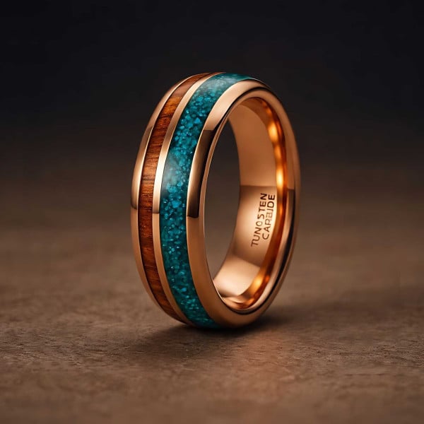 Bague personnalisee plaquee or rose tungstene bois opale