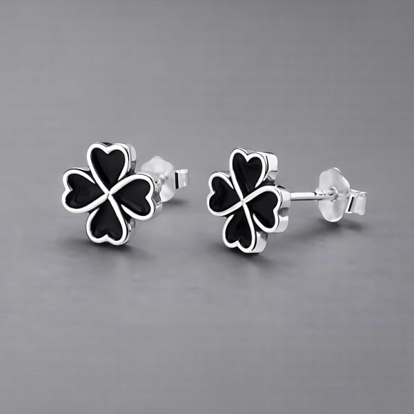Boucles d'oreilles clous argent 925 trefle a quatre feuilles noire