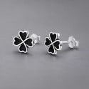 Boucles d'oreilles clous argent 925 trefle a quatre feuilles noire