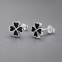 Boucles d'oreilles clous argent 925 trefle a quatre feuilles noire