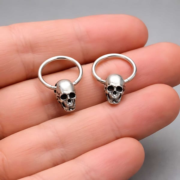 Boucles d'oreilles homme creoles tete de mort argent