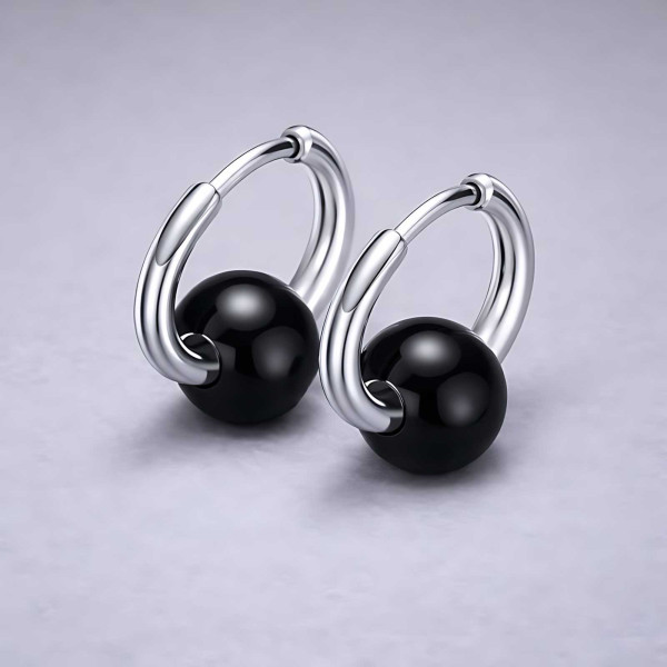 Boucles d'oreilles creoles boule ceramique noire finition polie - paire
