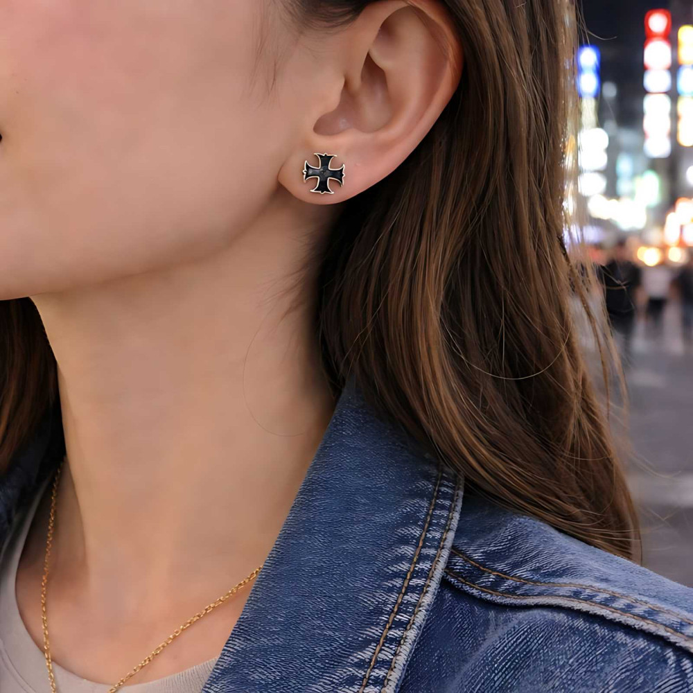 Paire De Fausses Boucles D'oreilles Homme Acier - Puce à Vis - Motif Croix De Malte - Neuf