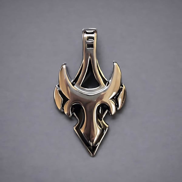 Pendentif homme epee bouclier acier resine noir finition polie
