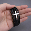 Bracelet homme cuir noir multi cordons croix