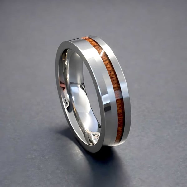 Anello di matrimonio personalizzabile in titanio con linea di legno da incidere