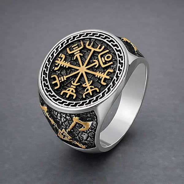 Bague homme acier chevaliere runes viking celtique