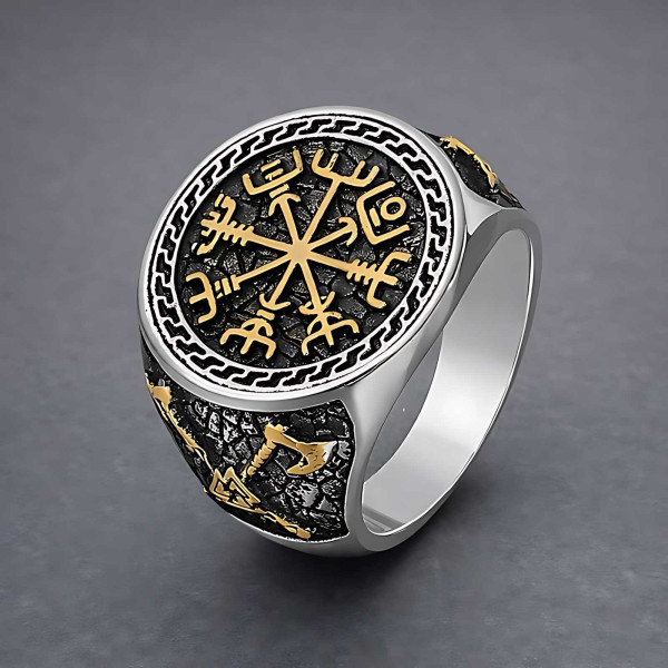 Bague homme acier chevaliere runes viking celtique