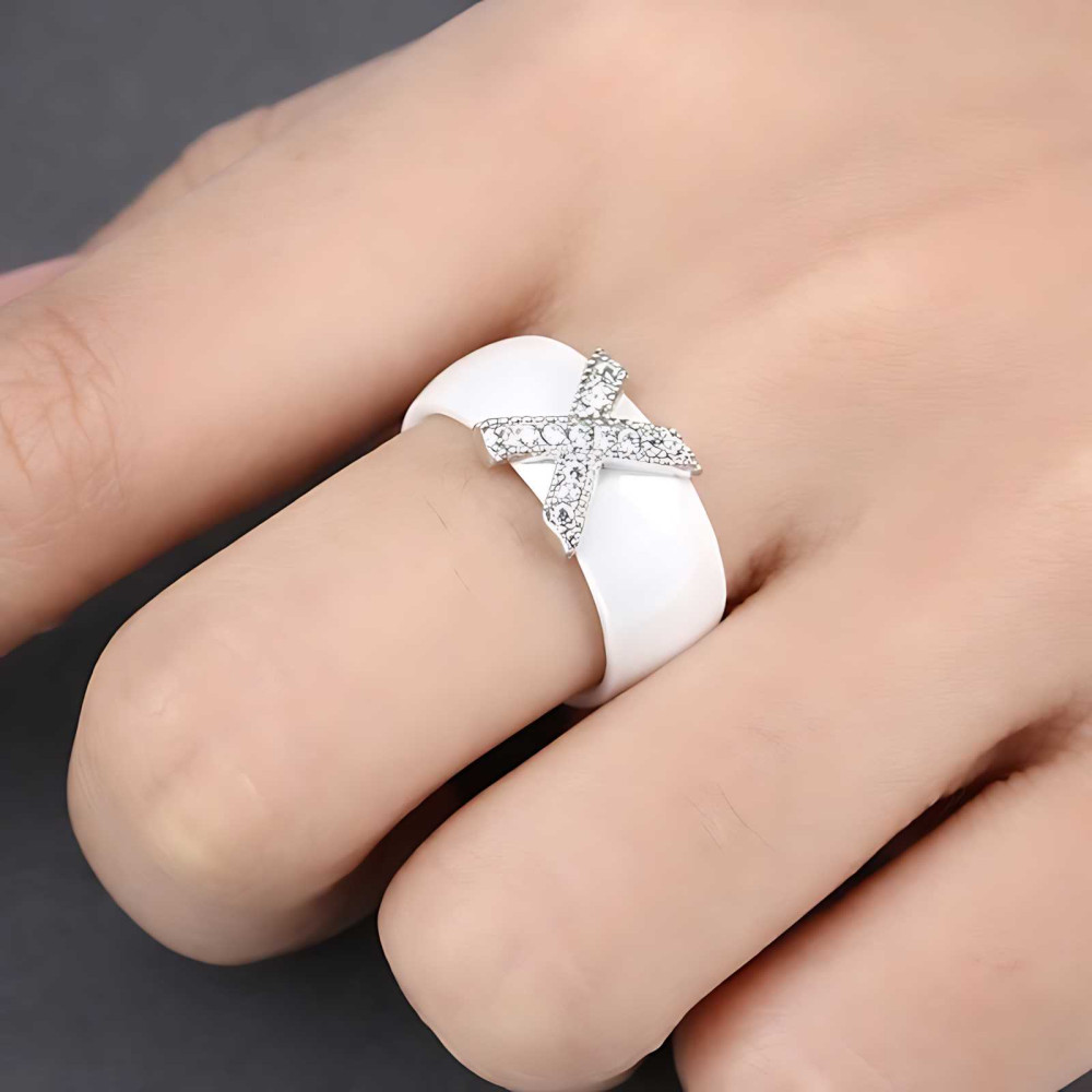 Bague Femme Céramique Blanche Et Acier Inoxydable – Taille 52 (USA 6), Zircon