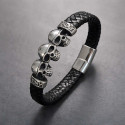 Bracelet homme biker cuir noir tete de mort fermoir Acier