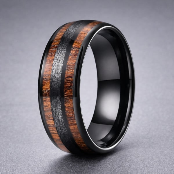 Fede Nuziale Uomo In Tungsteno Nero 8mm Con Zirconi - Fascia Centrale Spazzolata 2 Toni, Taglie 9-13