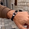 Men's Black Leather Stainless Steel shackle clasp Bracelet