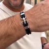 Bracelet homme cordons cuir tresse noir ancre acier