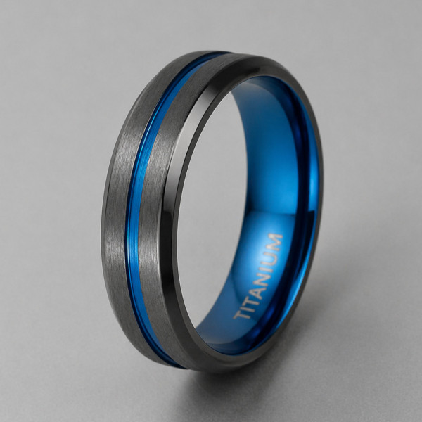 Bague alliance titane bicolore bleu et noir – élégance moderne