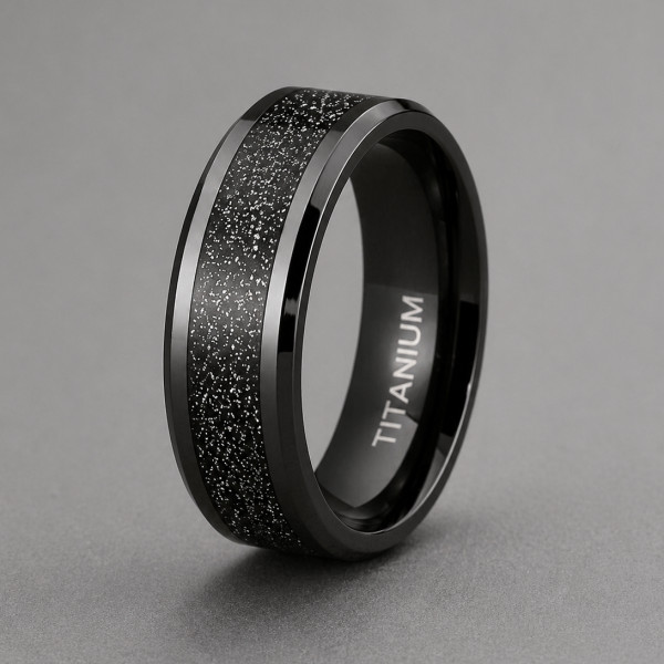 Bague alliance titane noir 8mm effet ciel étoilé – élégance céleste et moderne