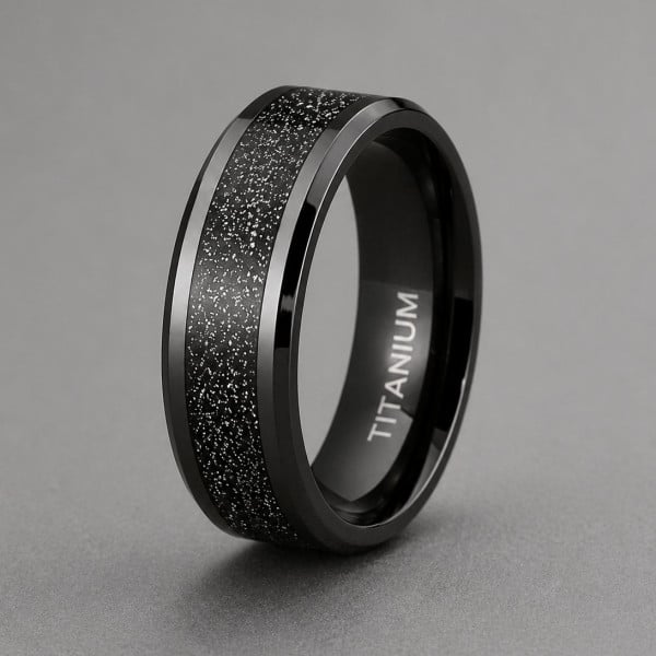Bague alliance titane noir 8mm effet ciel étoilé – élégance céleste et moderne