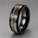 Bague Homme Tungstène Noir Corne Naturelle & Fibre Argentée