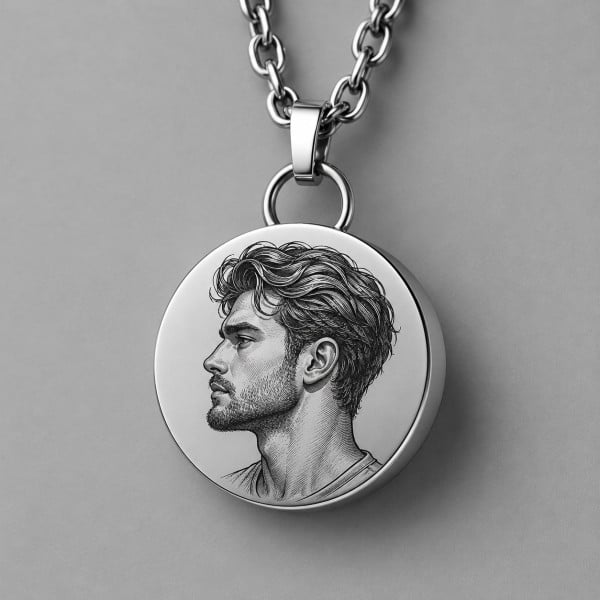 Pendentif personnalise homme collier Acier rond ecrin secret a graver personnaliser