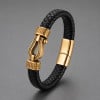 Bracelet homme cuir cordon tresse noir ancre acier
