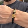Bracelet homme cuir noir tresse fermoir acier aimante