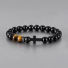 Bracelet élastique onyx et œil de tigre avec croix