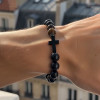 Bracelet élastique onyx et œil de tigre avec croix