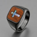 Bague chevalière homme en tungstène avec bois naturel et croix en nacre abalone