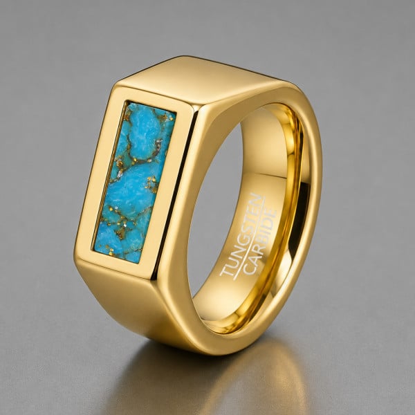 Bague chevalière en carbure de tungstène plaqué or avec turquoise