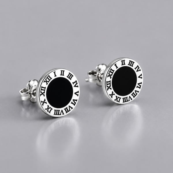 Boucles d'oreilles clous argent chiffres romains resine noire homme femme - paire