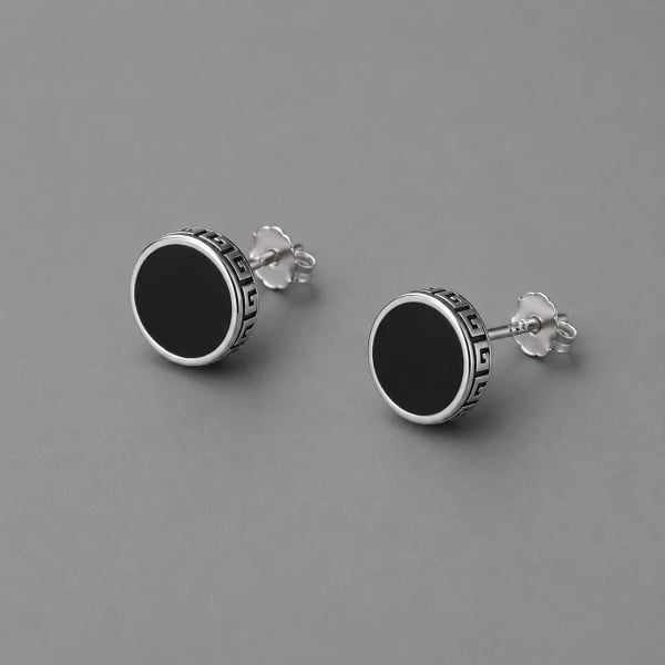 Boucles d'oreilles clous argent grecque resine noire homme femme