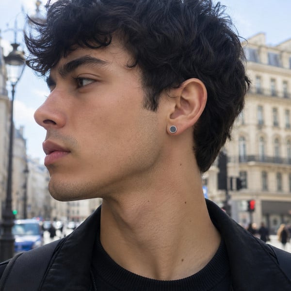 Boucles d'oreilles clous argent grecque resine noire homme femme
