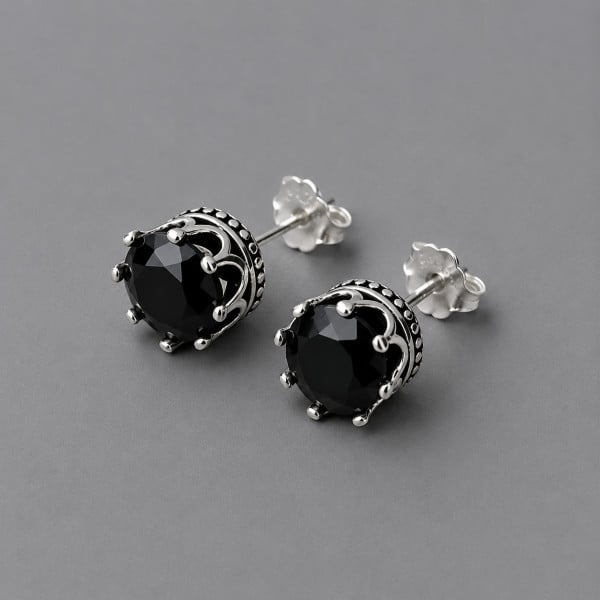 Boucles d'oreilles clous Argent homme couronne zirconium noir - paire