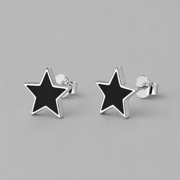 Boucles d'oreilles clous argent pentacle punk star resine noire homme femme - paire