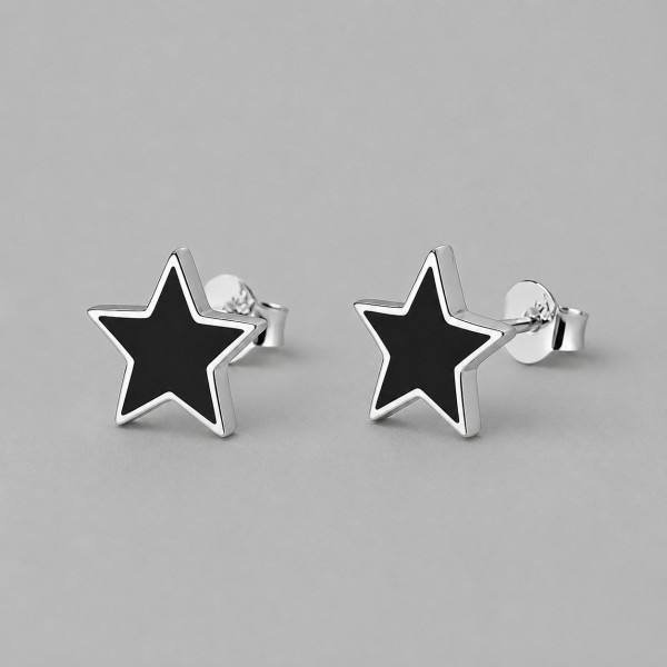 Boucles d'oreilles clous argent pentacle punk star resine noire homme femme - paire
