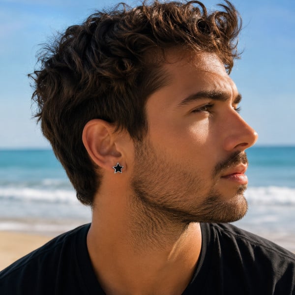 Boucles d'oreilles clous argent pentacle punk star resine noire homme femme - paire