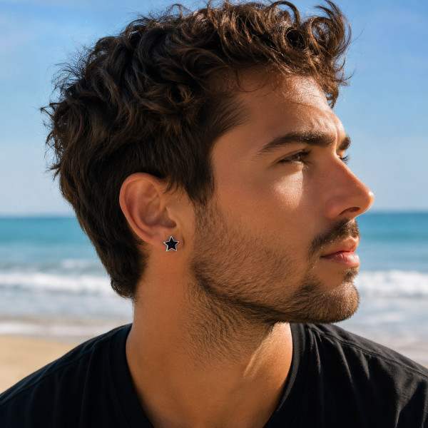 Boucles d'oreilles clous argent pentacle punk star resine noire homme femme - paire