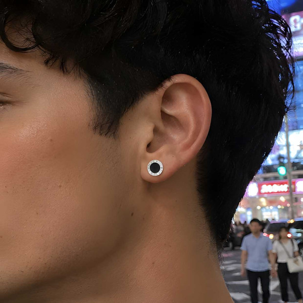 Boucles d'oreilles clous argent chiffres romains resine noire homme femme - paire
