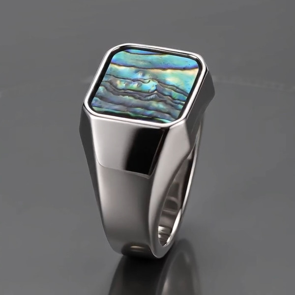 Men's Signet Ring in 316L Stainless Steel with Abalone Mother-of-Pearl