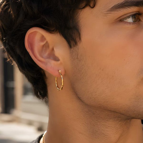 Boucles d'oreilles créoles en acier 316L plaqué or style bambou