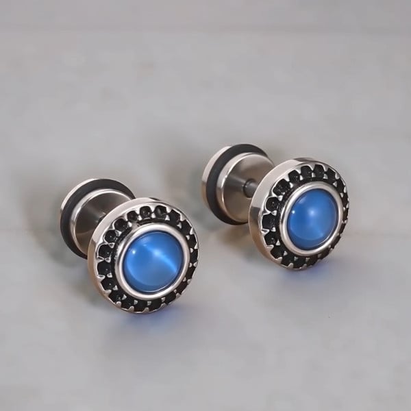 Boucles d'oreilles homme clous acier onyx bleu