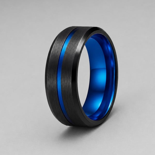 G Bague homme acier anneau noir brosse ligne bleue a graver
