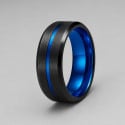 Bague homme acier anneau noir brosse ligne bleue a graver