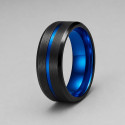Bague homme acier anneau noir brosse ligne bleue a graver