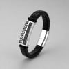 M Bracelet homme cuir noir tresse elements acier motif grecque