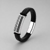 Bracelet homme cuir noir tresse elements acier motif grecque