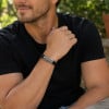 Bracelet homme cuir noir tresse elements acier motif grecque