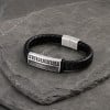 Bracelet homme cuir noir tresse elements acier motif grecque