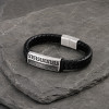 Bracelet homme cuir noir tresse elements acier motif grecque