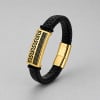 D Bracelet homme cuir noir tresse elements acier motif grecque